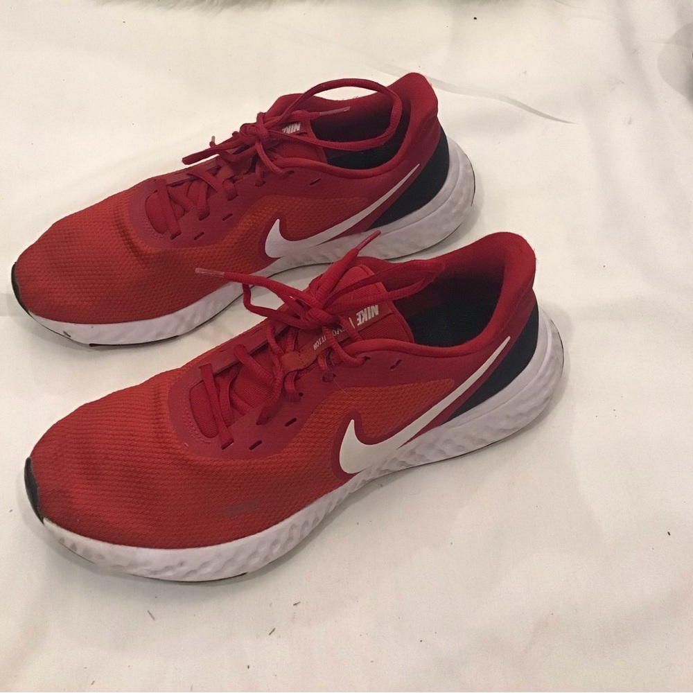 Nike Kids Red and White Sneakers with Black Heel Accent